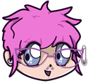 A chibi drawn of Zell. They have short pink hair, blue eyes, white skin, are looking to the side and have their mouth open in maybe a small chuckle. A pair of cat eye glasses sits upon their face and a single safety pin holds them together